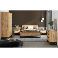 Lit adulte 180x200 style industriel - Collection MILOS. Coloris chêne brut et noir.