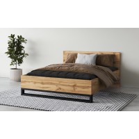 Lit adulte 140x200 style industriel - Collection MILOS. Coloris chêne brut et noir. Sommier inclus