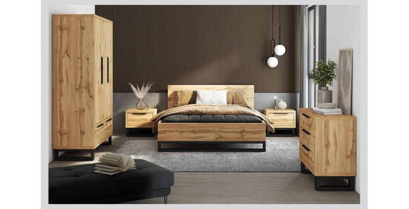 Lit adulte 160x200 style industriel - Collection MILOS. Coloris chêne brut et noir. Sommier inclus