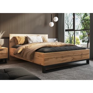 Lit adulte 160x200 style industriel - Collection MILOS. Coloris chêne brut et noir. Sommier inclus