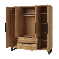 Chambre compléte industrielle MILOS : Armoire, lit coffre 160x200, commode, chevets, chêne brut/noir