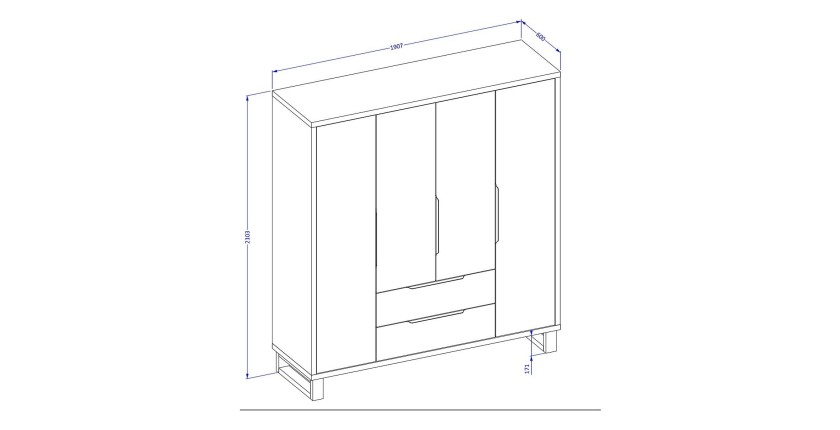 Chambre compléte industrielle MILOS : Armoire, lit coffre 160x200, commode, chevets, chêne brut/noir