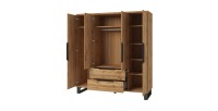 Chambre compléte industrielle MILOS : Armoire, lit coffre 180x200, commode, chevets, chêne brut/noir