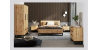 Ensemble lit 160x200 et deux chevets style industriel - Collection MILOS. Coloris chêne brut et noir. Sommier inclus