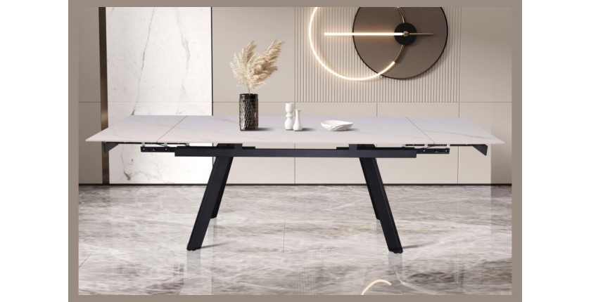 Table à manger collection LAROS en métal avec plateau blanc en pierre extensible jusqu'à 240cm