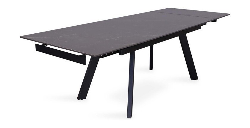 Table à manger collection LAROS en métal avec plateau noir en pierre extensible jusqu'à 240cm