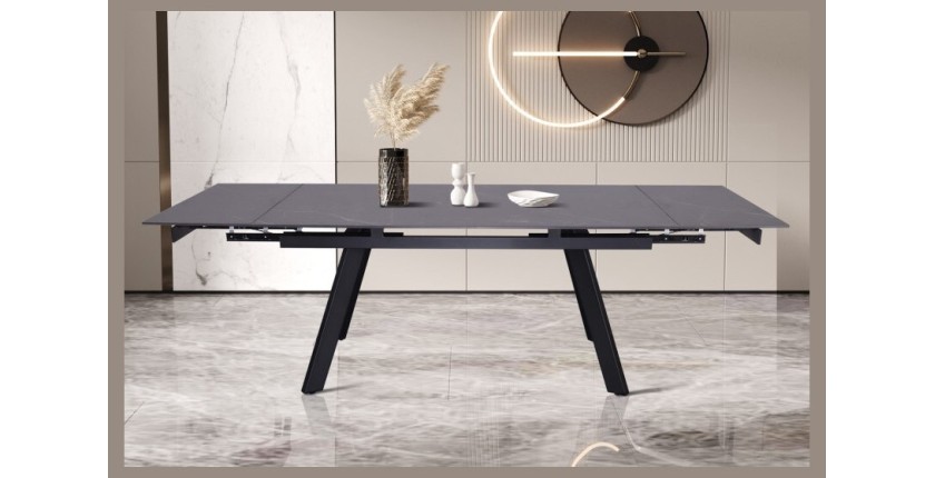 Table à manger collection LAROS en métal avec plateau noir en pierre extensible jusqu'à 240cm