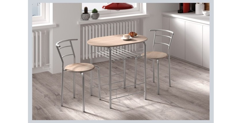 Table à manger ovale avec grille de rangement et ses 2 chaises idéal petit espace - Papier décor chêne sonoma