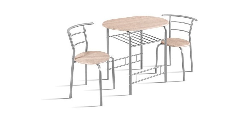 Table à manger ovale avec grille de rangement et ses 2 chaises idéal petit espace - Papier décor chêne sonoma