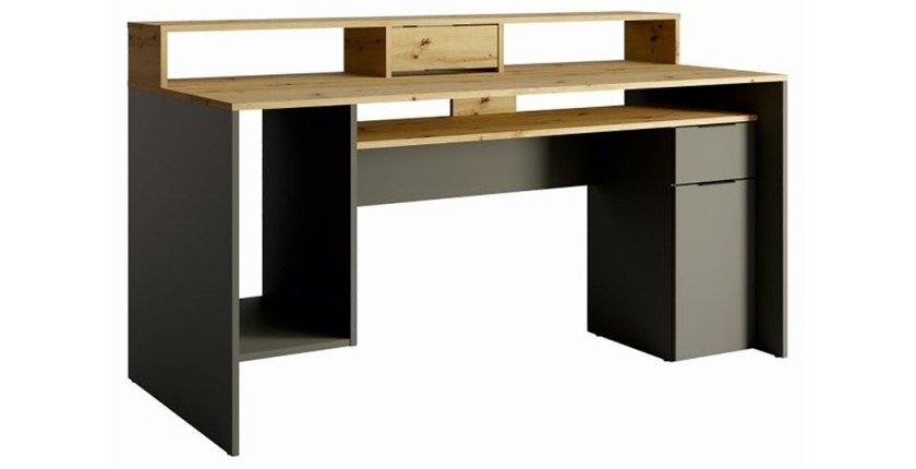 Bureau ordinateur 160cm collection ROXI coloris chêne et gris avec rangements