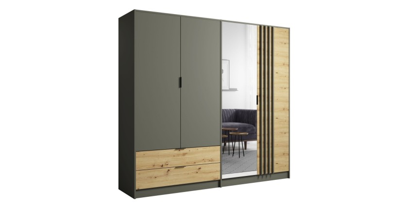 Armoire 220cm avec 4 portes et 2 tiroirs coloris gris graphite et chêne. Collection IZO