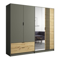 Armoire 220cm avec 4 portes et 2 tiroirs coloris gris graphite et chêne. Collection IZO