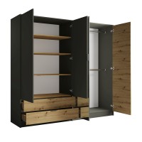 Armoire 220cm avec 4 portes et 2 tiroirs coloris gris graphite et chêne. Collection IZO