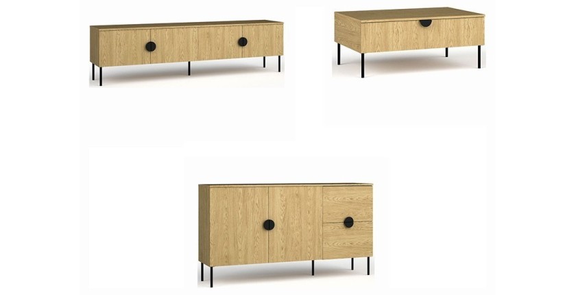 Ensemble meubles salon : Meuble TV 200 cm, table basse, buffet, chêne, collection MONDO