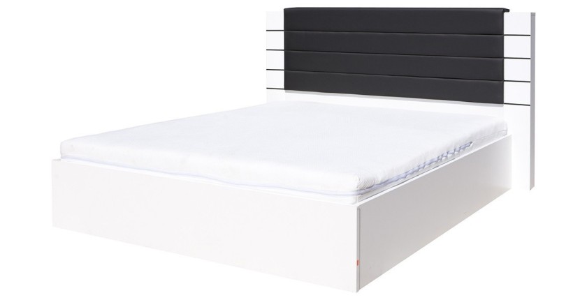 Lit LINA blanc et noir brillant 160x200 avec tête de lit en simili cuir – Sommier inclus