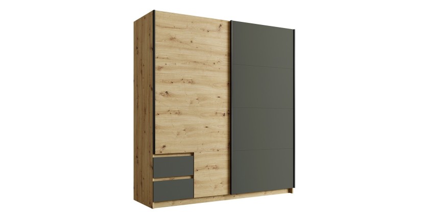 Armoire 180cm avec 2 portes coulissantes et 2 tiroirs coloris chêne et gris anthracite. Collection ARIELLE