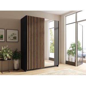 Armoire design 150cm coloris noir et chêne collection STRANO. Deux portes coulissantes. Dressing complet avec miroir.