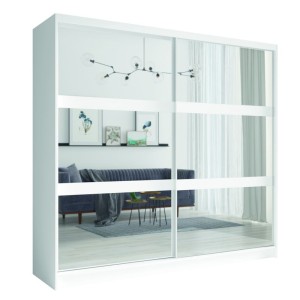 Ensemble chambre NOFI - Lit 180x200 cm avec sommier, 2 tiroirs, chevets, armoire et commode - blanc