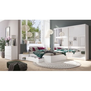 Ensemble chambre NOFI - Lit 180x200 cm avec sommier, 2 tiroirs, chevets, armoire et commode - blanc