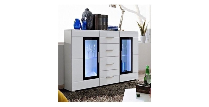 Buffet KRONI avec Éclairage LED - 4 Tiroirs et 2 Portes Vitres - Blanc Mat et Brillant - 150 x 82 x 40 cm