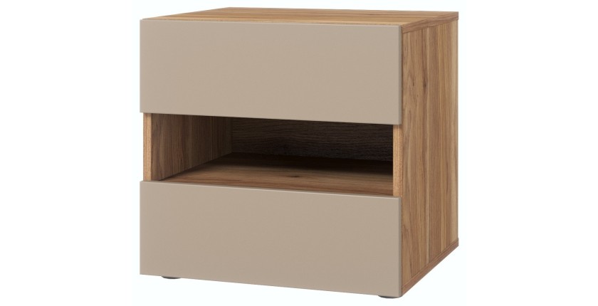 Table de chevet VOX 2 tiroirs et une niche, coloris chêne et beige