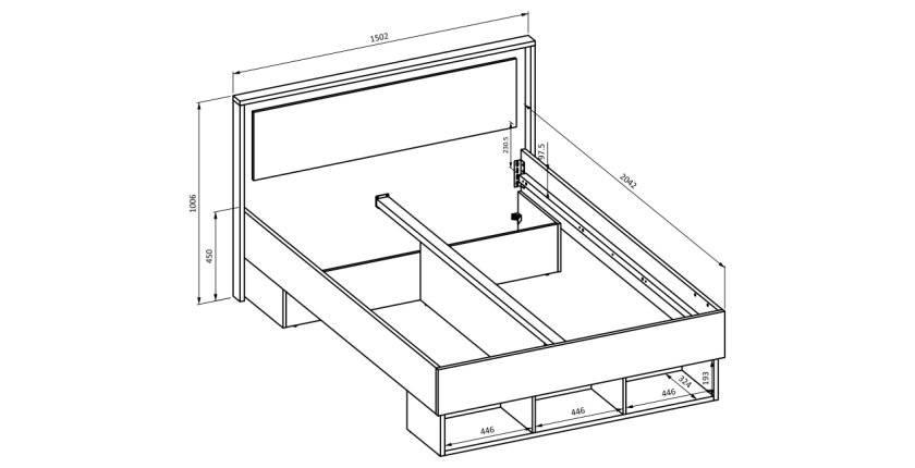 Lit 140x200 VOX avec 3 niches et 2 emplacements pour tiroirs, sans sommier