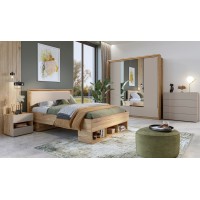 Lit VOX 160x200 – Coloris Chêne et Beige avec emplacements pour tiroirs