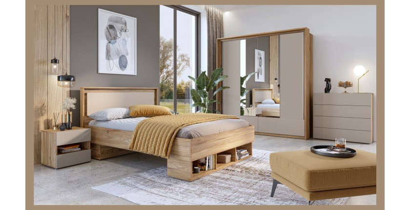 Ensemble Chambre à Coucher VOX – Lit 140x200, Commode, Table de Chevet, Armoire 150 cm avec LED