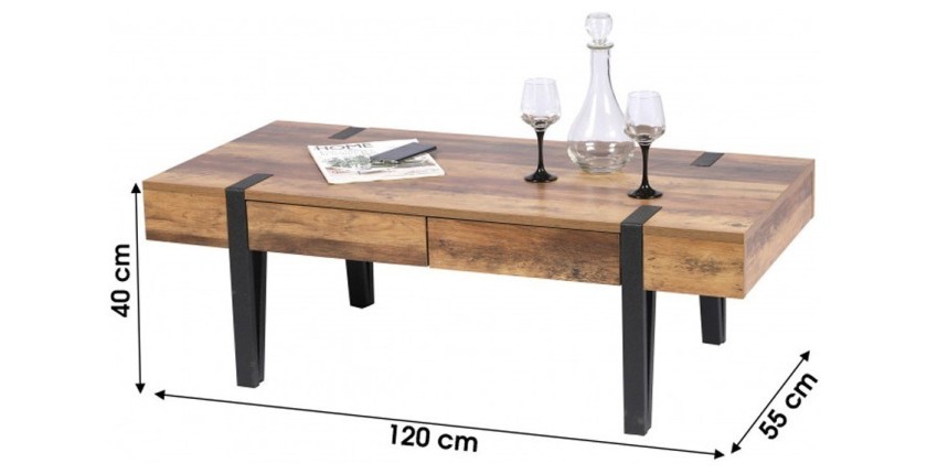 Table Basse LOVY – Bois avec Pieds en Métal, 2 Tiroirs