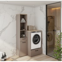 Meuble de rangement haut collection WASHING – 1 tiroir, 1 porte et 1 panier – Taupe et chêne