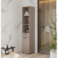 Meuble de rangement haut collection WASHING – 1 tiroir, 1 porte et 1 panier – Taupe et chêne