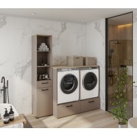 Meuble de rangement pour machine à laver et sèche-linge collection WASHING – 2 tiroirs – Taupe et chêne