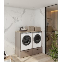 Meuble de rangement pour machine à laver et sèche-linge collection WASHING – 2 tiroirs – Taupe et chêne