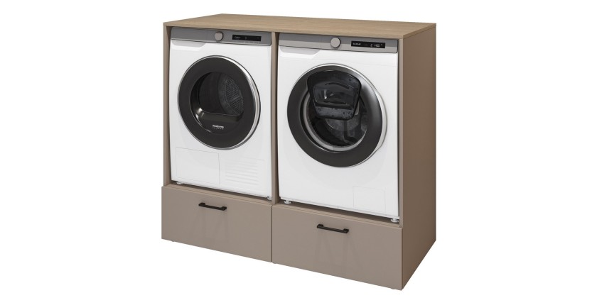 Meuble de rangement pour machine à laver et sèche-linge collection WASHING – 2 tiroirs – Taupe et chêne