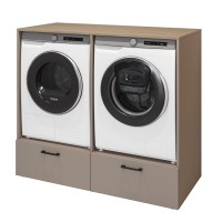 Meuble de rangement pour machine à laver et sèche-linge collection WASHING – 2 tiroirs – Taupe et chêne