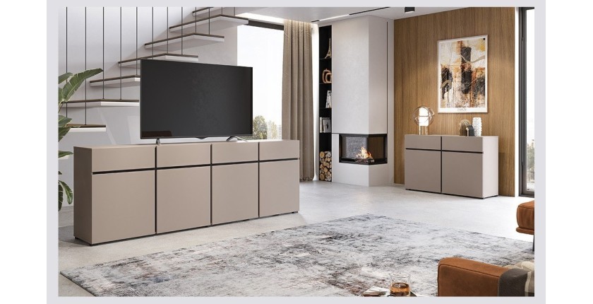 Buffet XL coloris beige et noir 225cm collection HAVANA. Bahut  design avec 4 portes et 4 tiroirs.