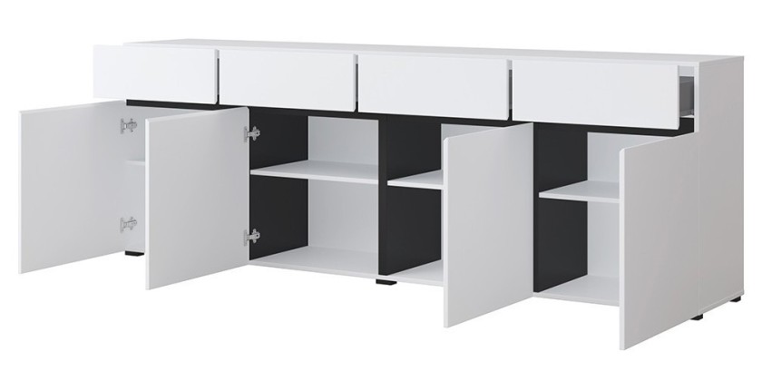 Buffet XL coloris blanc et noir 225cm collection HAVANA. Bahut  design avec 4 portes et 4 tiroirs.