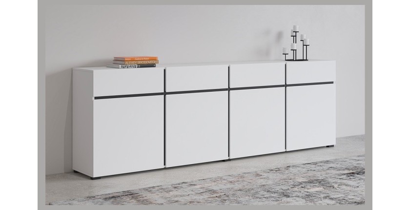 Buffet XL coloris blanc et noir 225cm collection HAVANA. Bahut  design avec 4 portes et 4 tiroirs.