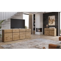 Buffet XL coloris chêne et noir 225cm collection HAVANA. Bahut  design avec 4 portes et 4 tiroirs.