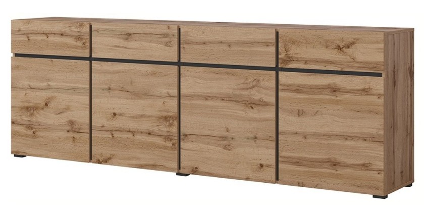 Buffet XL coloris chêne et noir 225cm collection HAVANA. Bahut  design avec 4 portes et 4 tiroirs.