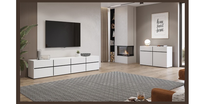 Meuble TV XL coloris blanc et noir 225cm collection HAVANA. Meuble design avec 4 portes et 4 tiroirs.