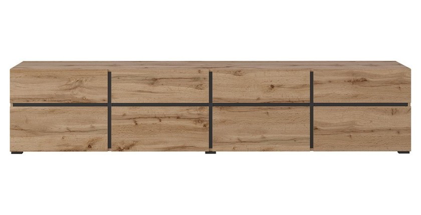 Meuble TV XL coloris chêne et noir 225cm collection HAVANA. Meuble design avec 4 portes et 4 tiroirs.