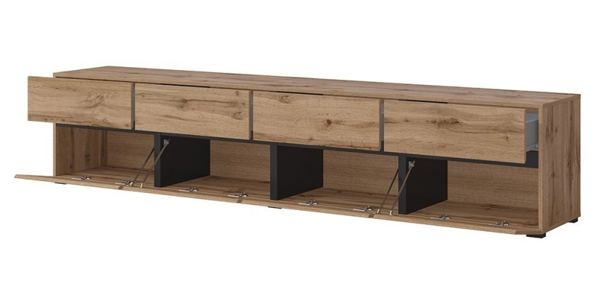 Meuble TV XL coloris chêne et noir 225cm collection HAVANA. Meuble design avec 4 portes et 4 tiroirs.