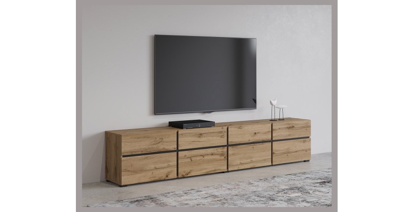 Meuble TV XL coloris chêne et noir 225cm collection HAVANA. Meuble design avec 4 portes et 4 tiroirs.