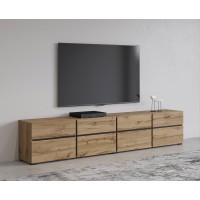 Meuble TV XL coloris chêne et noir 225cm collection HAVANA. Meuble design avec 4 portes et 4 tiroirs.