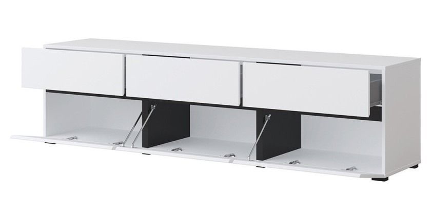 Meuble TV 180cm coloris blanc et noir collection HAVANA. Meuble design avec 3 portes et 3 tiroirs.