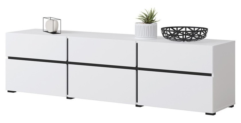 Meuble TV 180cm coloris blanc et noir collection HAVANA. Meuble design avec 3 portes et 3 tiroirs.