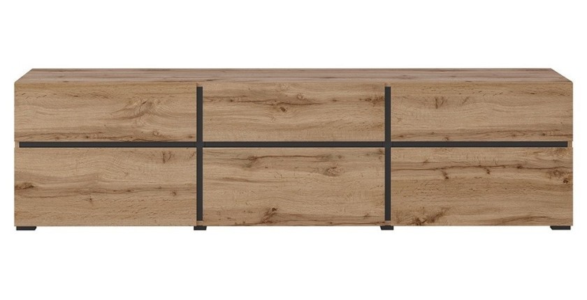 Meuble TV 180cm coloris chêne et noir collection HAVANA. Meuble design avec 3 portes et 3 tiroirs.