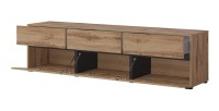 Meuble TV 180cm coloris chêne et noir collection HAVANA. Meuble design avec 3 portes et 3 tiroirs.