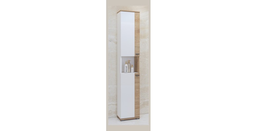 Colonne de salle de bain collection BALEA – 2 portes et 1 niche, coloris blanc et chêne